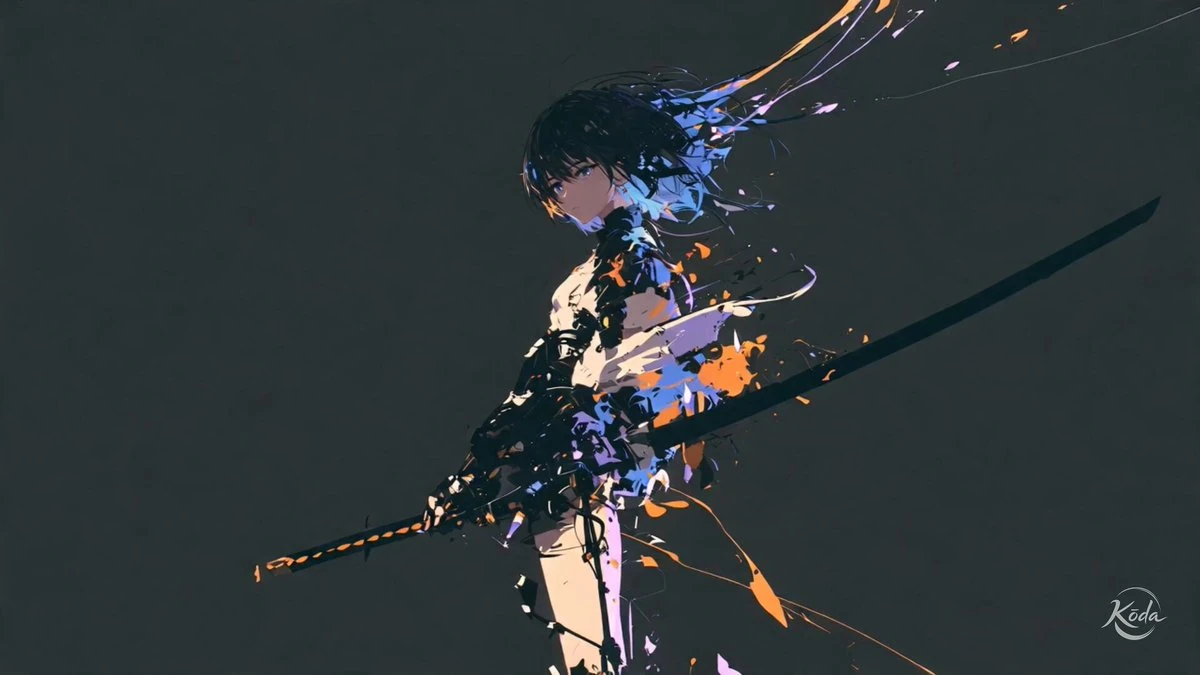 The swordswoman @[reference image] launches forward from complete stillne...