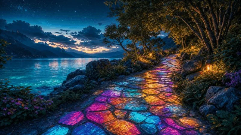 Fantasy landscape digital painting of a lakeside stone path at blue hour,...