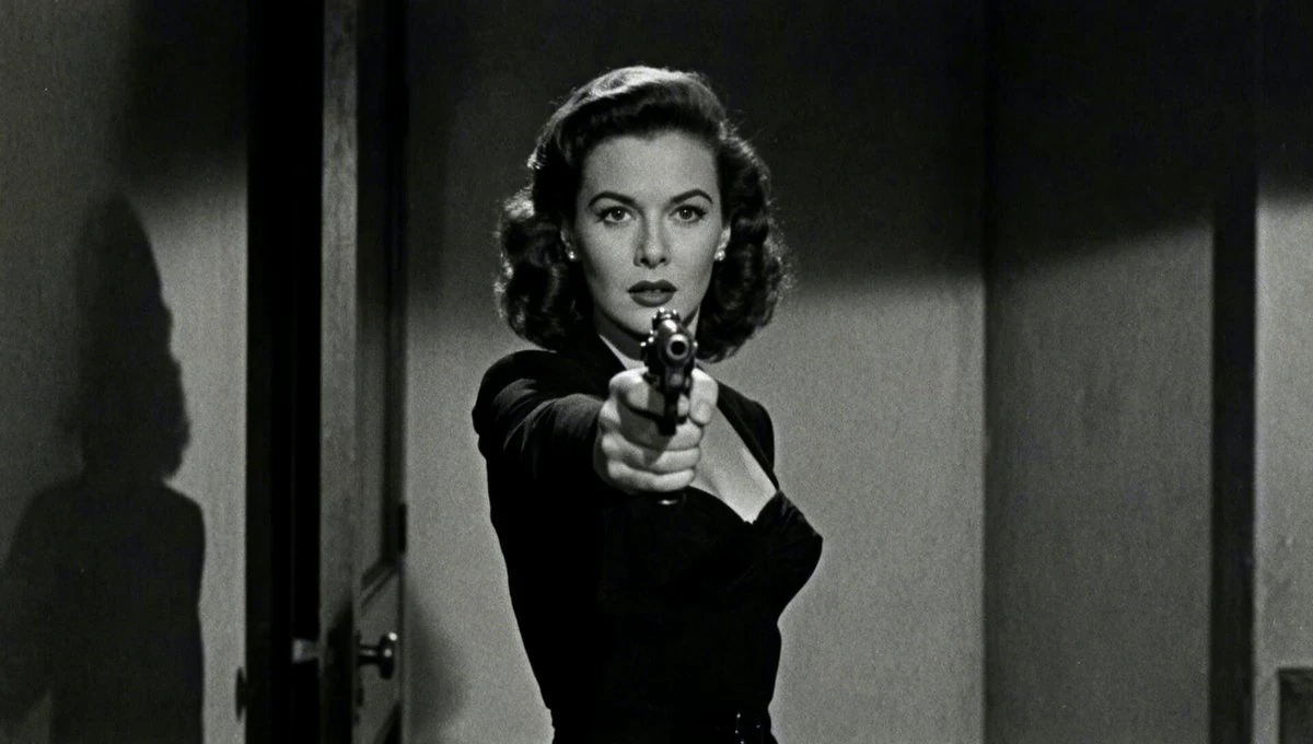 cinematic 1940's noir film. The woman fires her gun, the bullet cracks th...