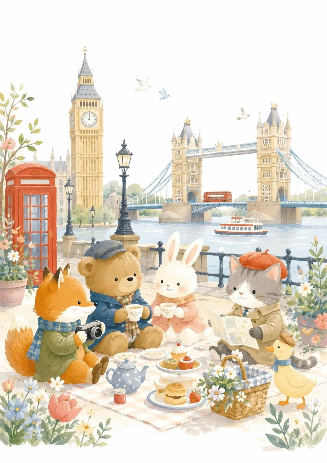 The illustration should feel like a gentle picture book filled with warmt...