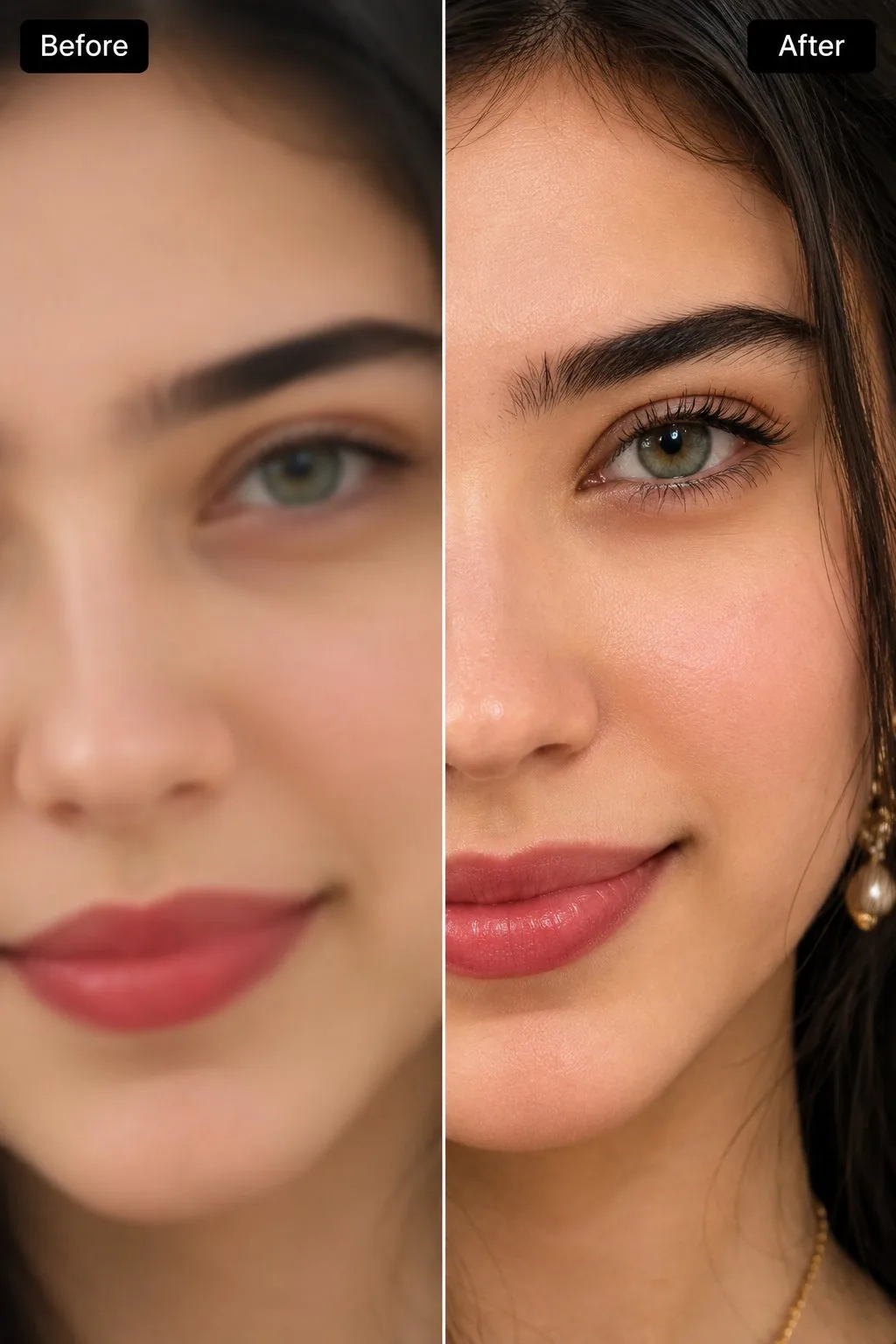 Extreme close-up split-screen comparison image of a young woman's face, c...