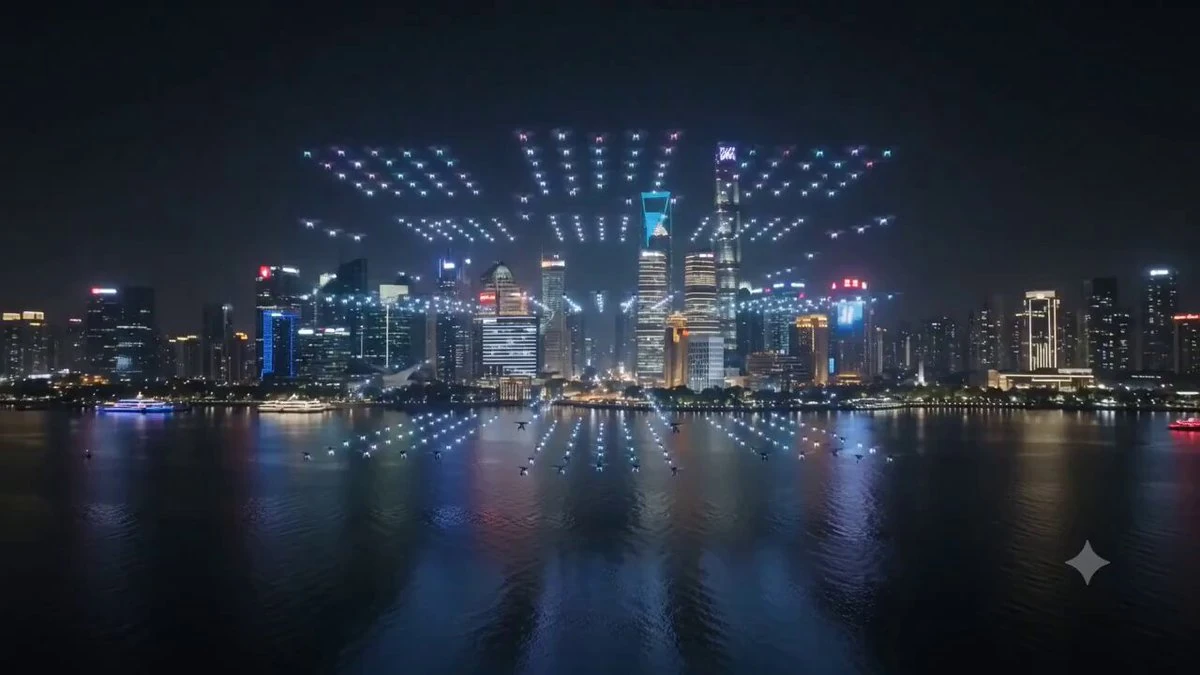 A massive swarm of thousands of synchronized drones rises into the night...