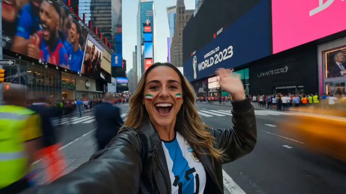 Ultra-realistic cinematic FIFA World Cup travel vlog, energetic hyperlaps...