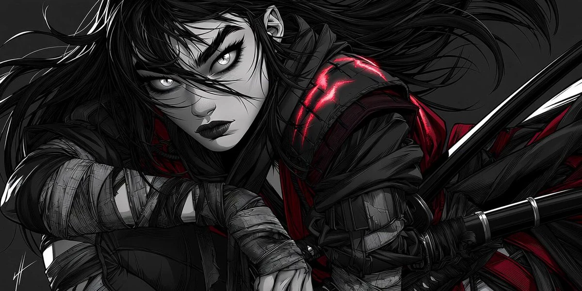 Original manga-style female warrior, mysterious young woman with long flo...