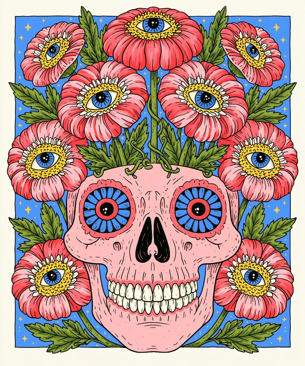 hand drawn illustration of a cute skull with delicate vines growing out o...