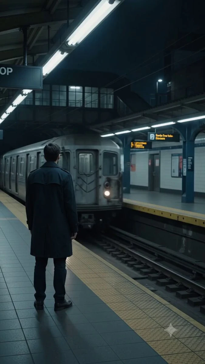 A lone man waits on a deserted subway platform late at night as an old tr...