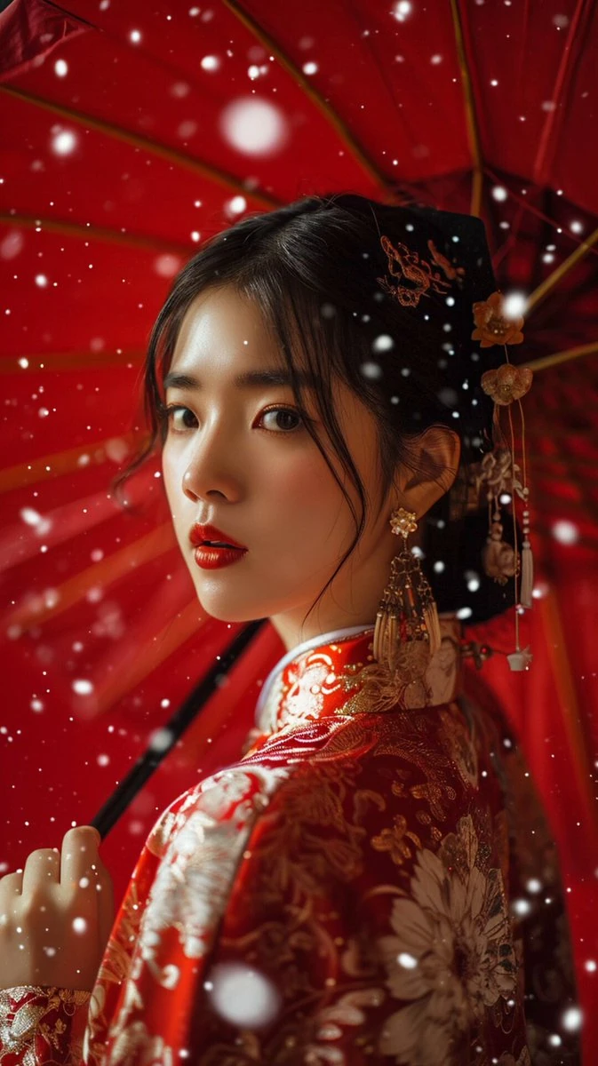 服装和背景],snowflake. solid color red background, Excellent skin texture, Smi...