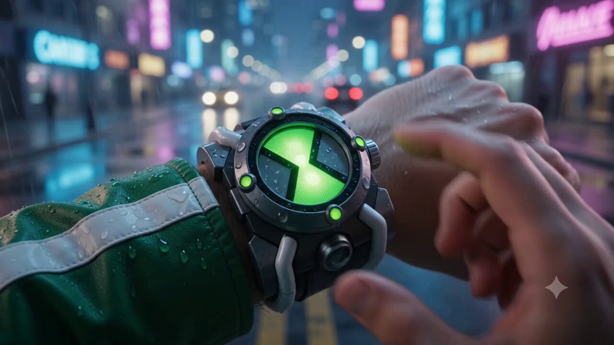 An ultra-realistic cinematic 10-second video of Ben 10 standing in the mi...