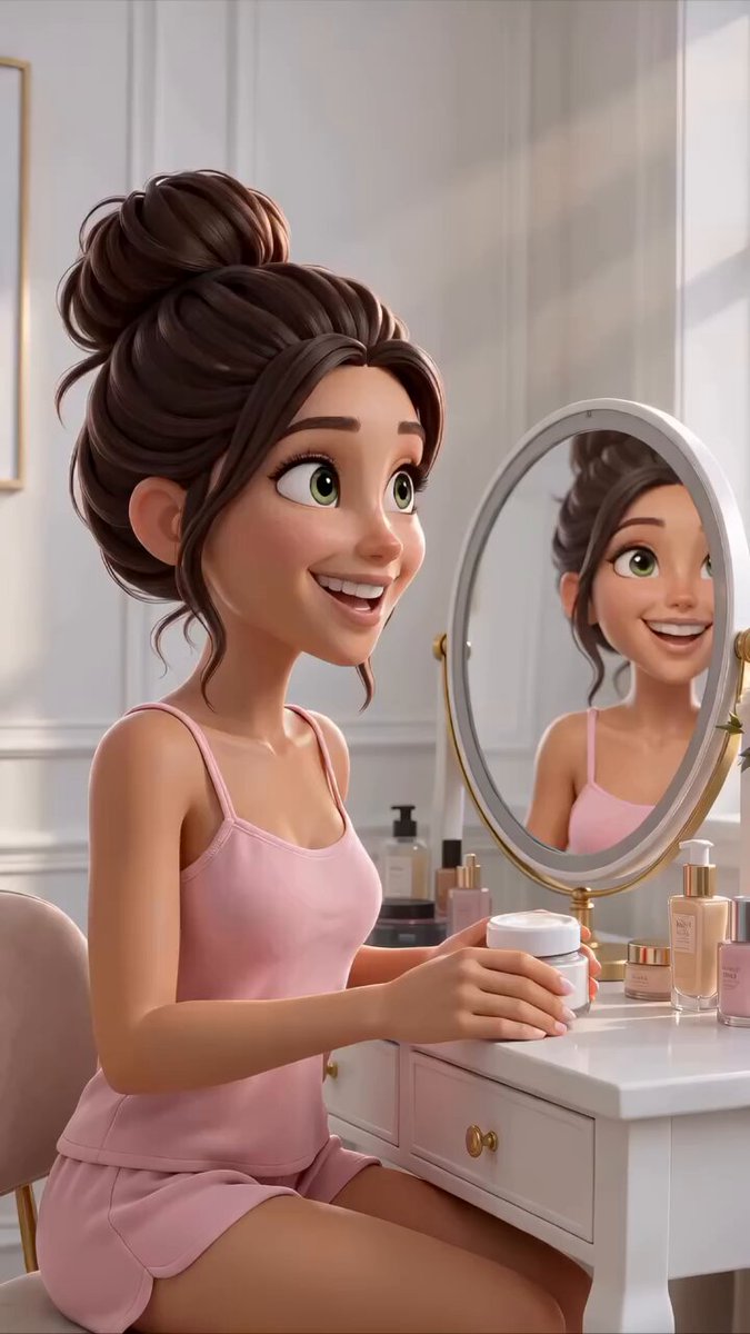A 3D Pixar-style animated young woman with brown hair tied in a messy hig...