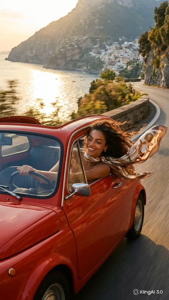 cinematic shot starting close to a red vintage car driving along Amalfi c...
