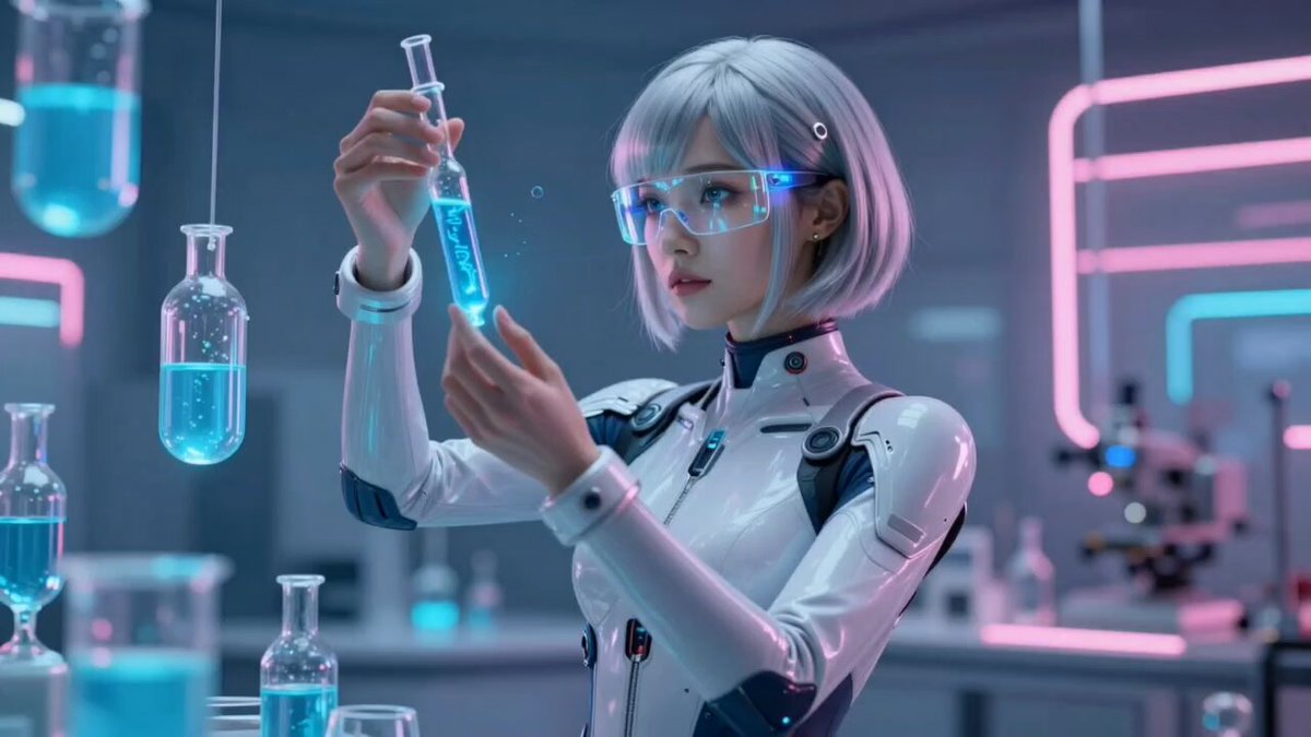 A cinematic, high-detail shot of a futuristic female android scientist wi...