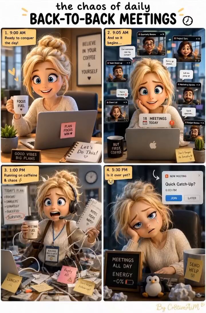 4-panel “Back-to-Back Meetings” comic strip, ultra-detailed 3D Pixar-chib...